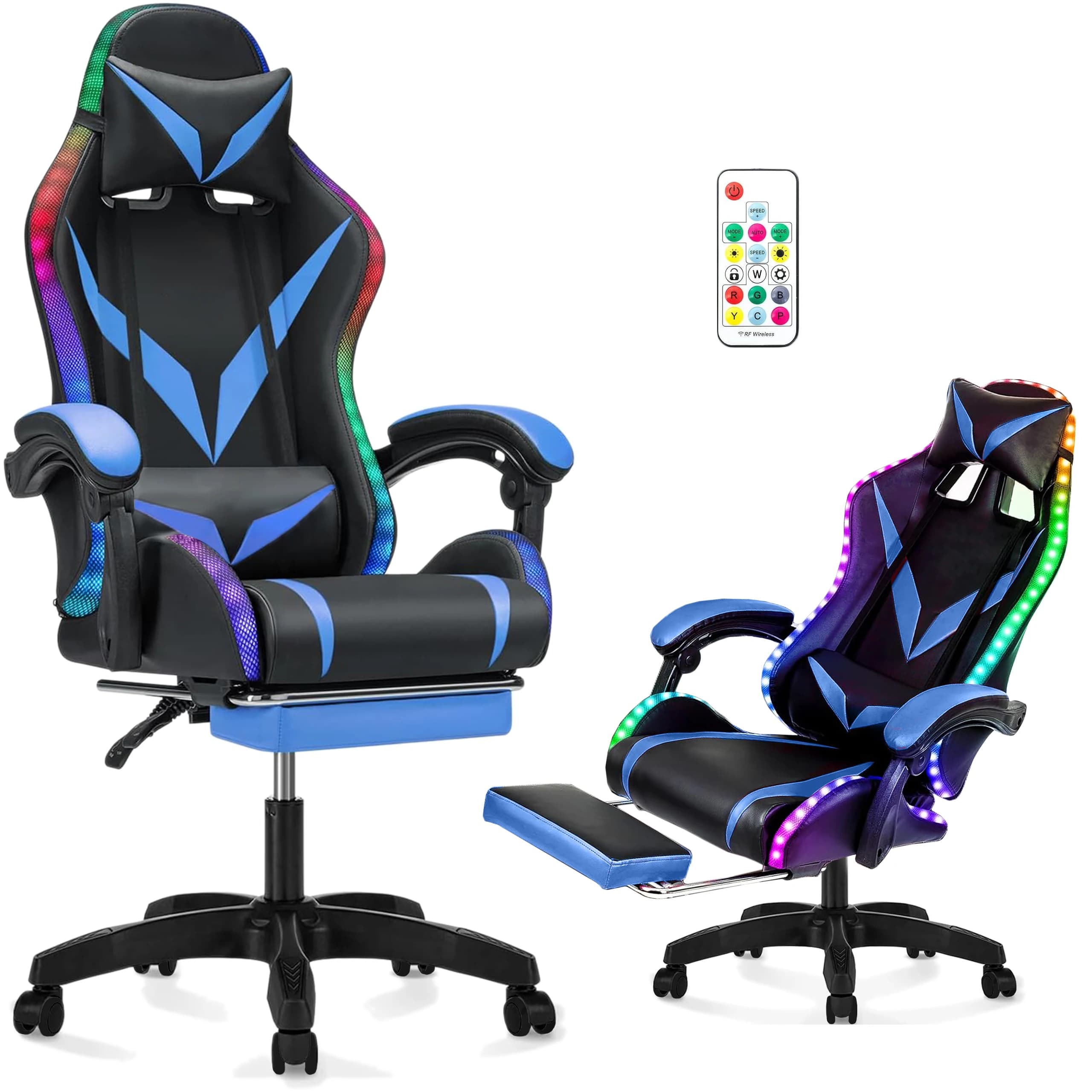 Ergonomiczny fotel gamingowy LC09 z masażem, LED i podnóżkiem – komfort w grach i biurze, czarno-niebieski, do 120kg!