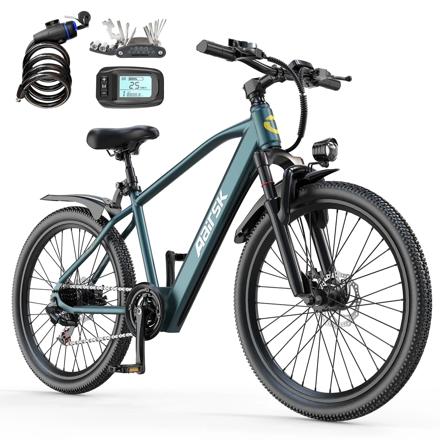 Elektryczny rower górski dla dorosłych, 26 cali, silnik bezszczotkowy 250W, bateria 36V 10Ah 468Wh, zasięg do 65 km, 25 km/h, 7 biegów, przednie zawieszenie, odblokowanie NFC.