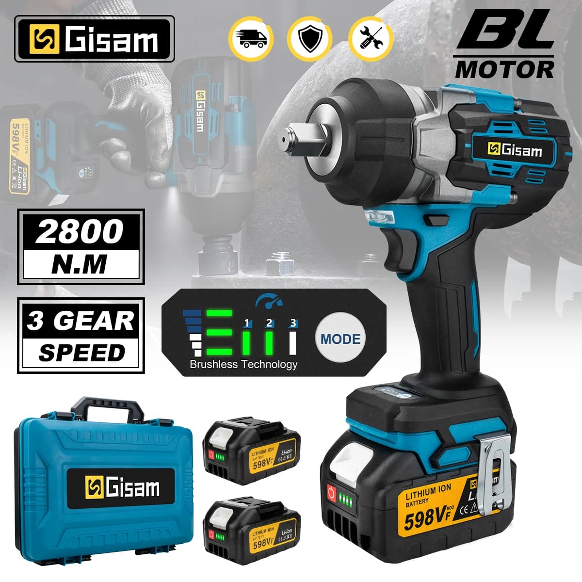 Klucz udarowy akumulatorowy Gisam 2800 N·m – bezszczotkowy, 1/2 cala, do Makita 18 V