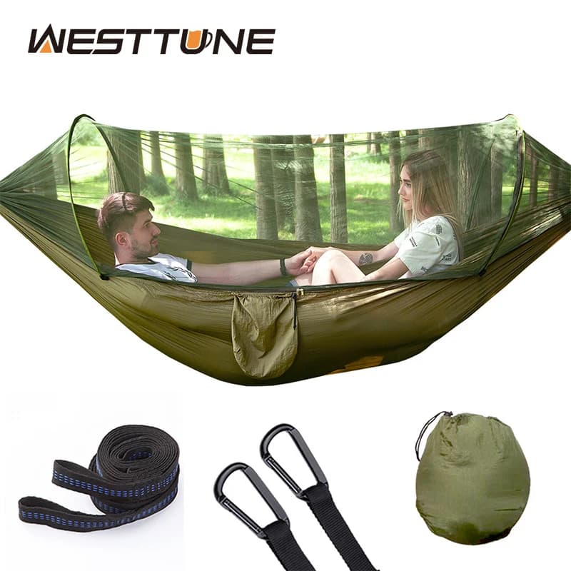 WESTTUNE Outdoor Camping hamak z moskitierą automatyczne szybkie otwieranie wiszące hamaki tkanina wisząca huśtawka do spania