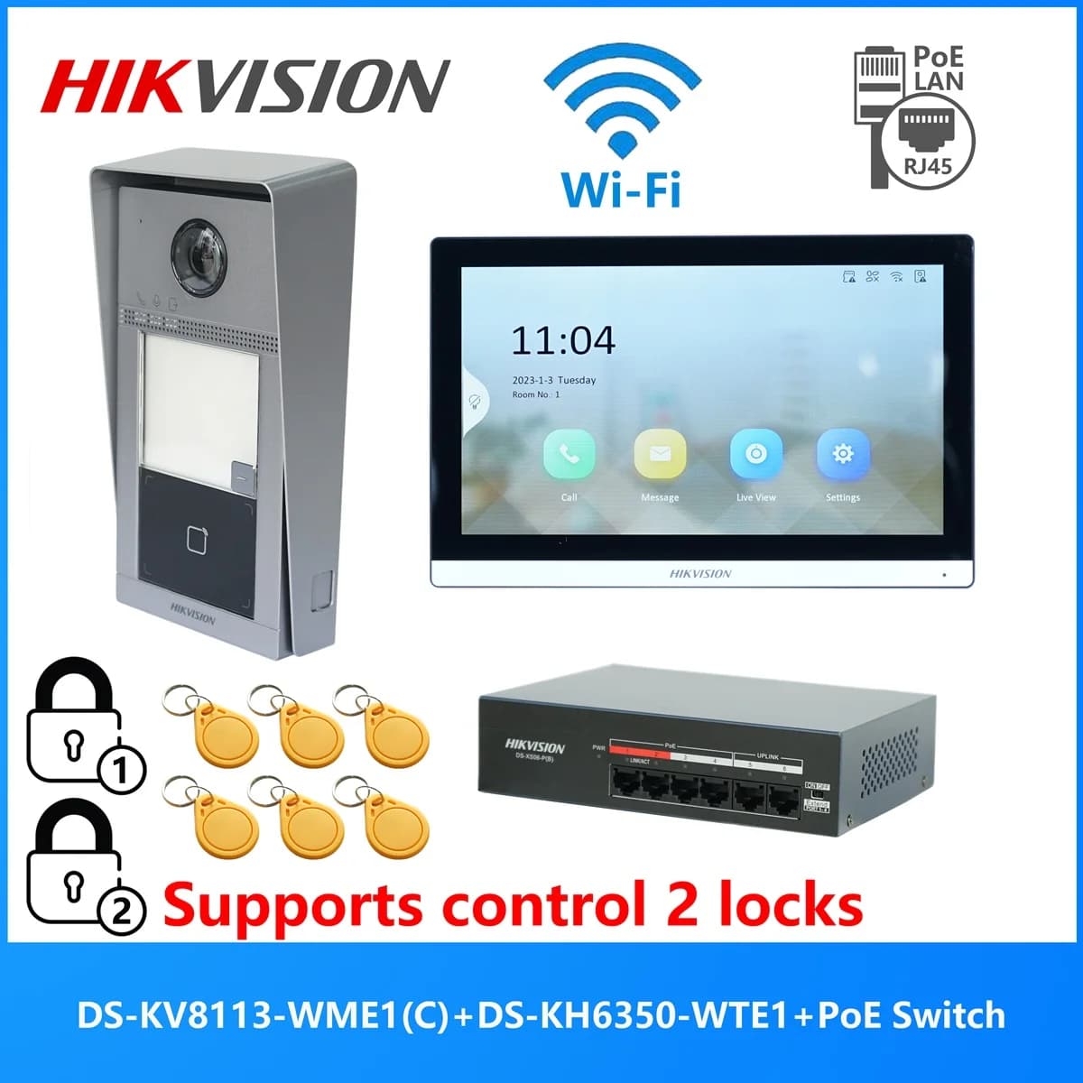 HIKVISION — zestaw wideodomofonu IP PoE: DS-KV8113-WME1(C) + monitor 7 cali DS-KH6350-WTE1 + switch PoE