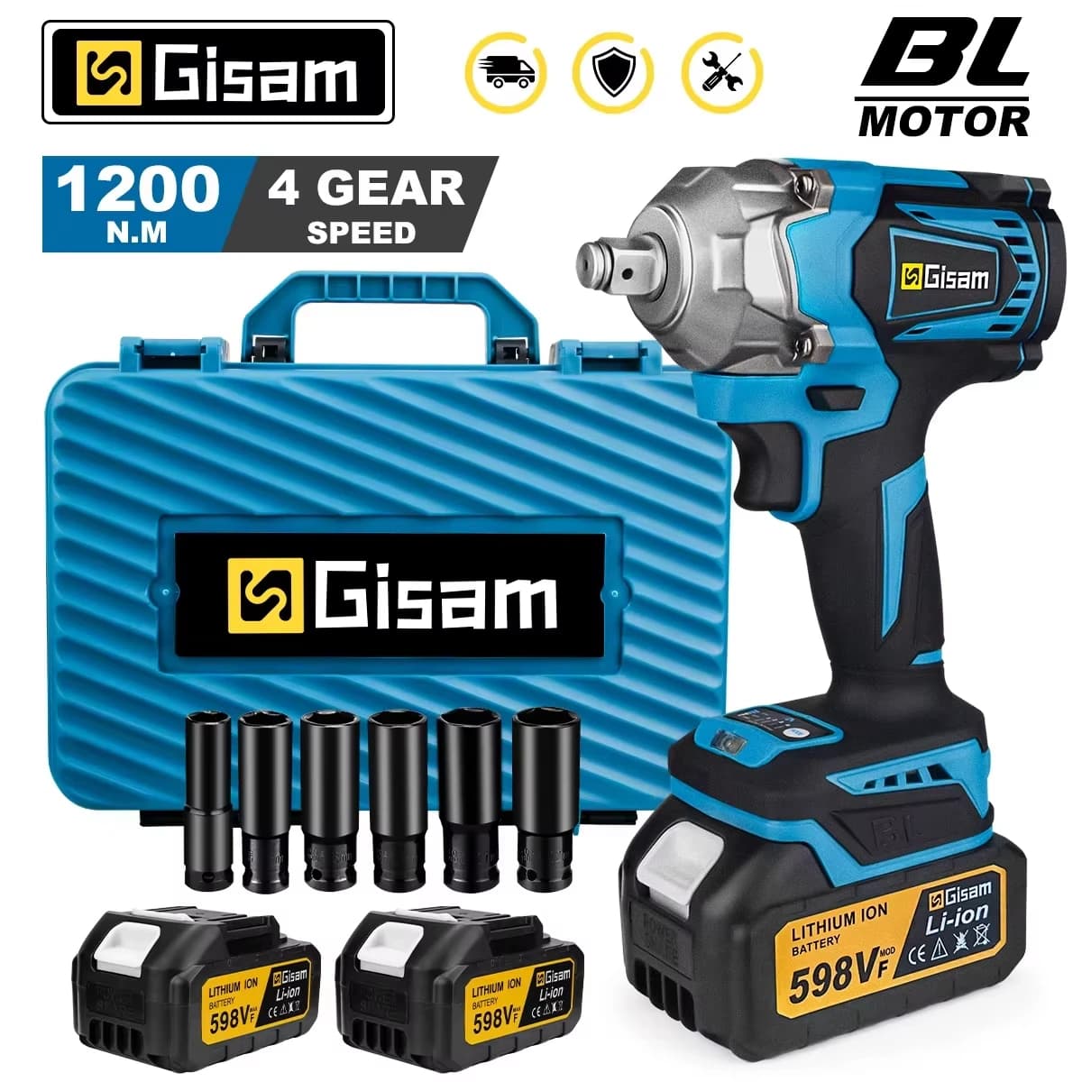 Klucz udarowy akumulatorowy Gisam 1200 N·m – bezszczotkowy, 1/2 cala, do Makita 18 V