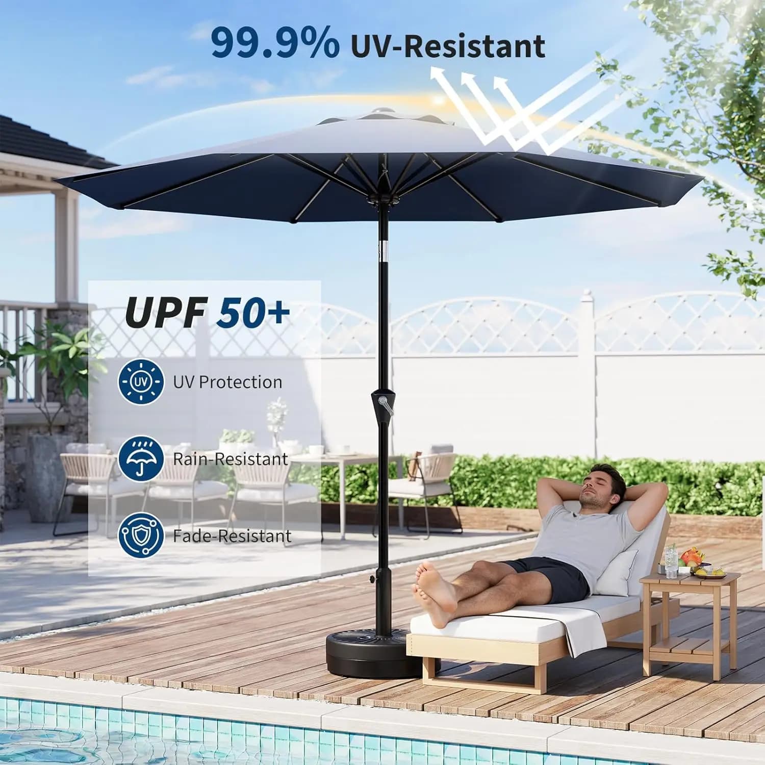 Parasol ogrodowy Garvee z mechanizmem nakrętkowym i przyciskiem do przechylania, 8 żeber, granatowy, wodoodporny, z ochroną UV, do ogrodu, na basen, taras, podwórko, do targów, na zewnątrz, do ogrodzenia, altany, z baldachimem, zestaw do zacieniania.