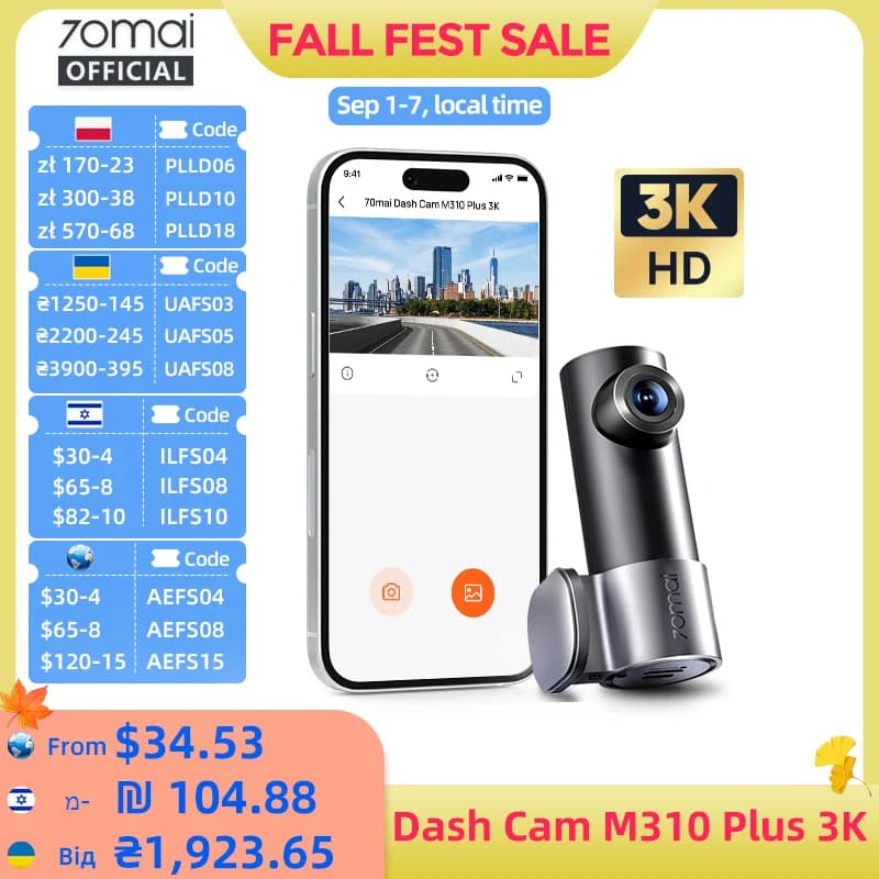 Nowa kamera samochodowa 70mai Dash Cam M310 Plus 3K 1620P WDR Sterowanie głosowe 139 ° Rejestrator samochodowy FOV Car DVR 70mai M310 Plus 3K z funkcją monitorowania parkowania