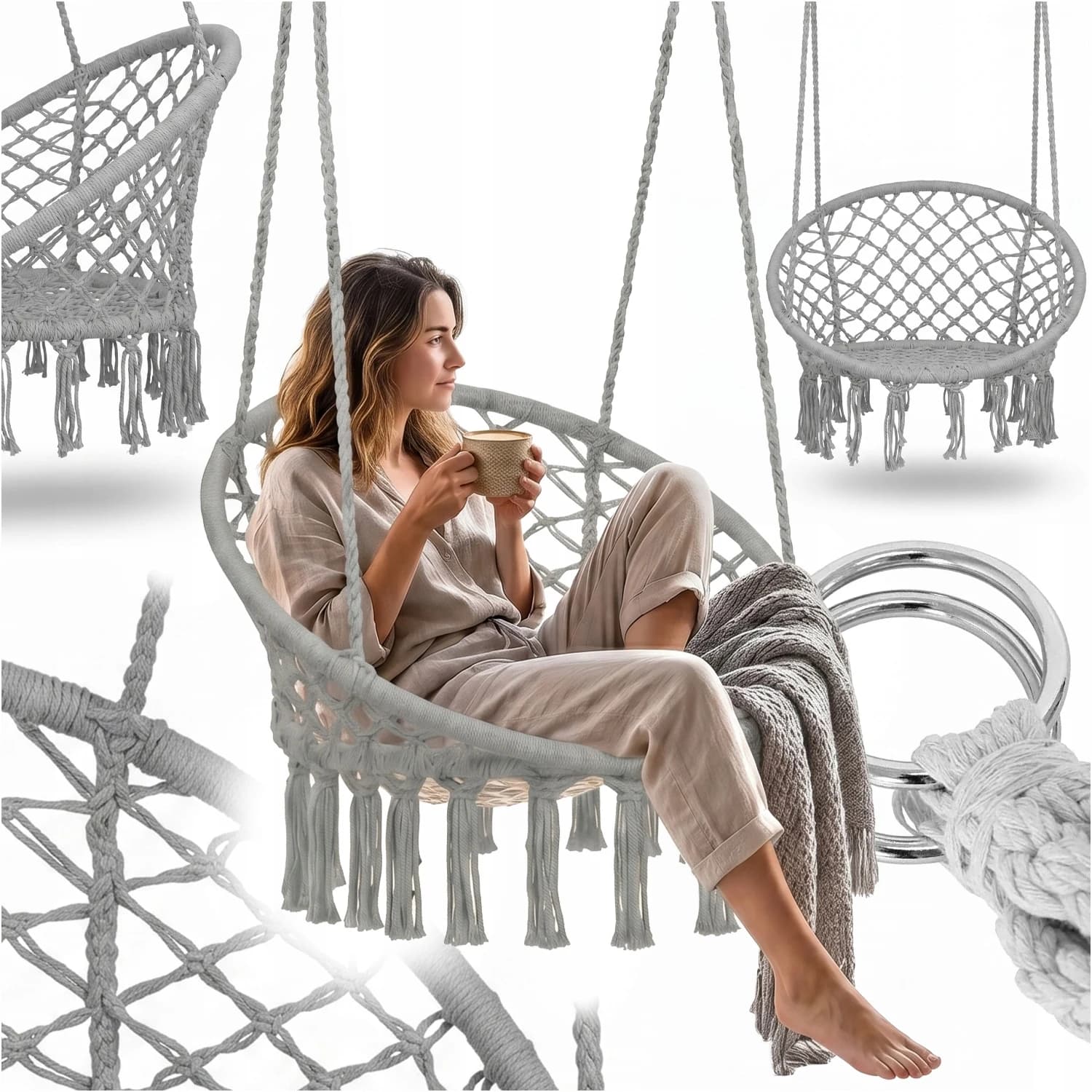 Wiszące krzesło boho z plecionki, huśtawka-gniazdo do ogrodu, domu, na taras, balkon, do użytku wewnątrz i na zewnątrz, relaksujące krzesło z zawieszeniem na liny, wygodne dla dorosłych i dzieci, okrągły design gniazda w stylu boho, solidna rama, przytulne wyściełane siedzisko, nowoczesny wystrój domu.