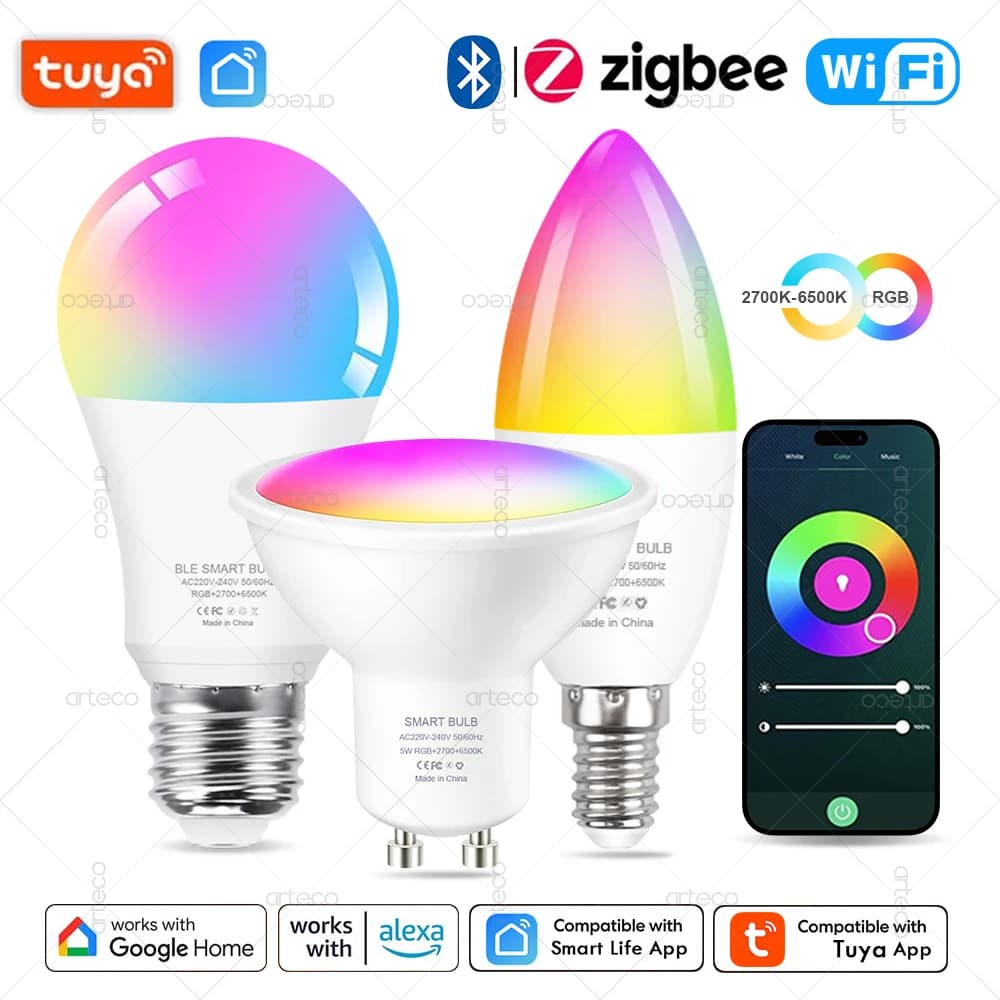 Tuya E27 E14 GU10 żarówka WIFI Zigbee Bluetooth, ściemnialna inteligentna lampa LED 2700-6500K RGB, żarówka LED współpracuje z Alexa Amazon Google