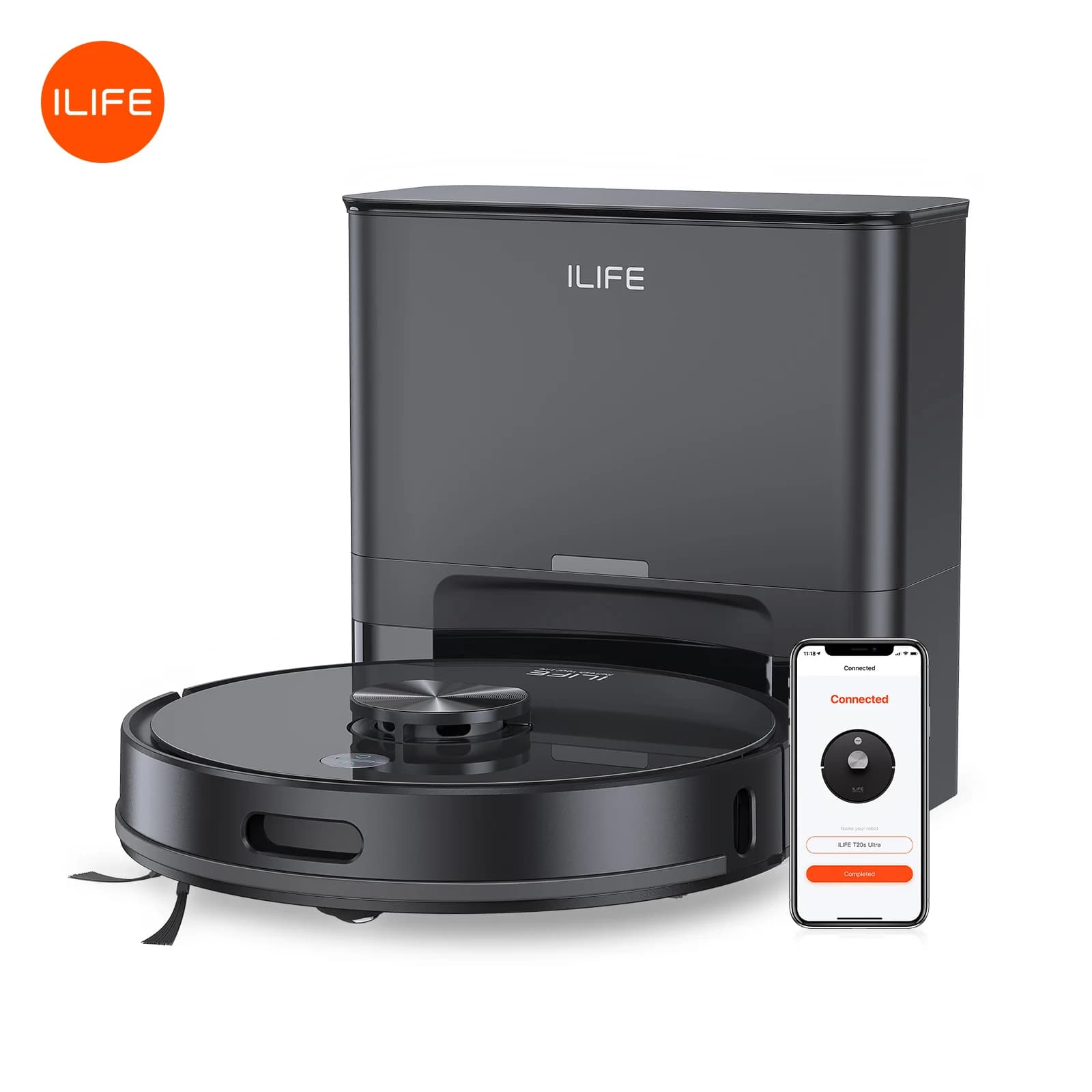 ILIFE T20s Ultra Robot Odkurzacz z Samoczynną Stacją Opróżniającą, Ssawka o Sile Ssania 10000Pa, Bateria 4600mAh, Maksymalna Czas Pracy 300 Minut