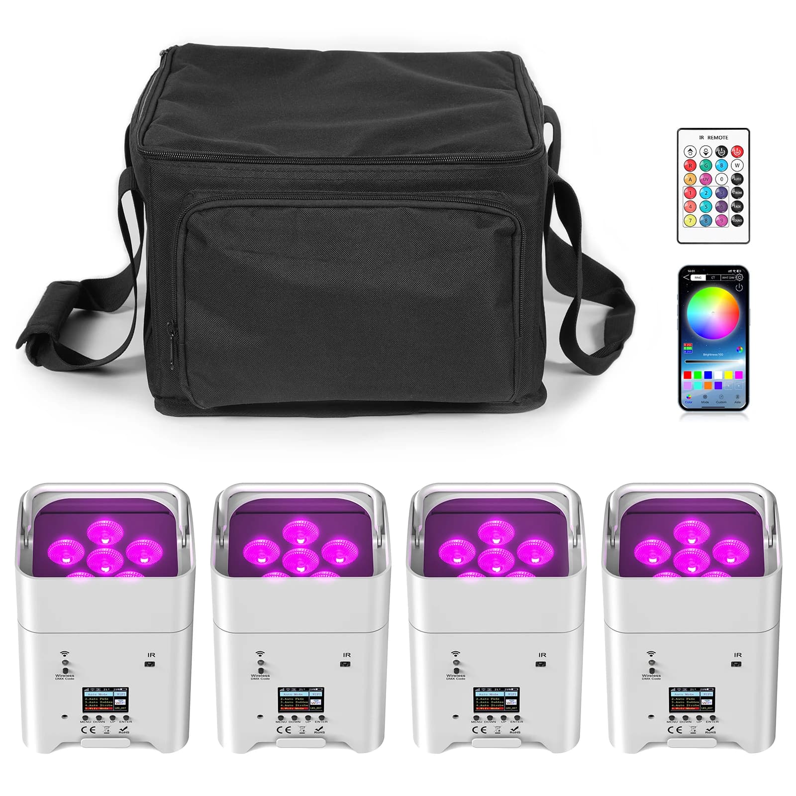 U'King — zestaw 4 reflektorów LED PAR 6×18 W RGBWA+UV z akumulatorem, DMX i torbą