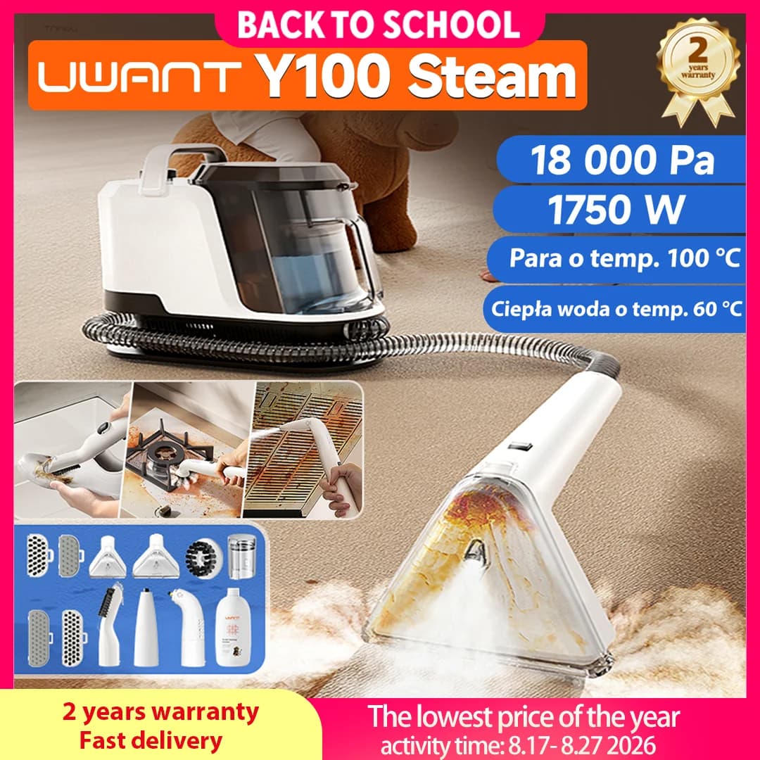 Uwant Y100 Steam Parowy Odkurzacz do Dywanów 100 ° C Steam 18KPa 1750W Szczotka parowa z funkcją ssania, samooczyszczająca, z wieloma dyszami do sof, samochodów, butów i sierści zwierząt