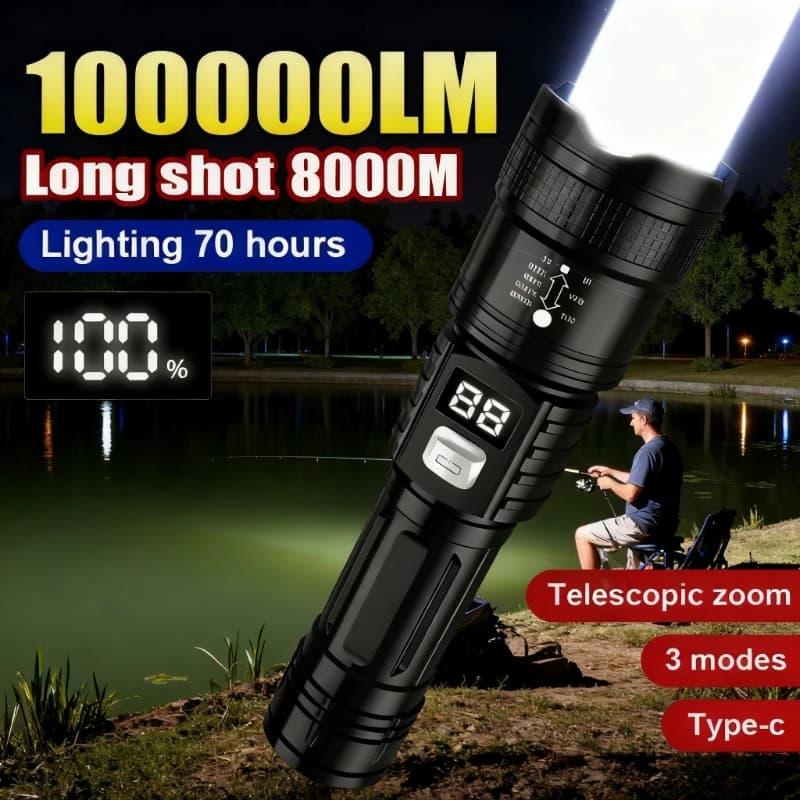 Latarka LED o mocy 100000 lm, super jasna, ładowalna, o dużym zasięgu, taktyczna, wodoodporna, idealna na kemping, wędkowanie i inne aktywności na świeżym powietrzu.