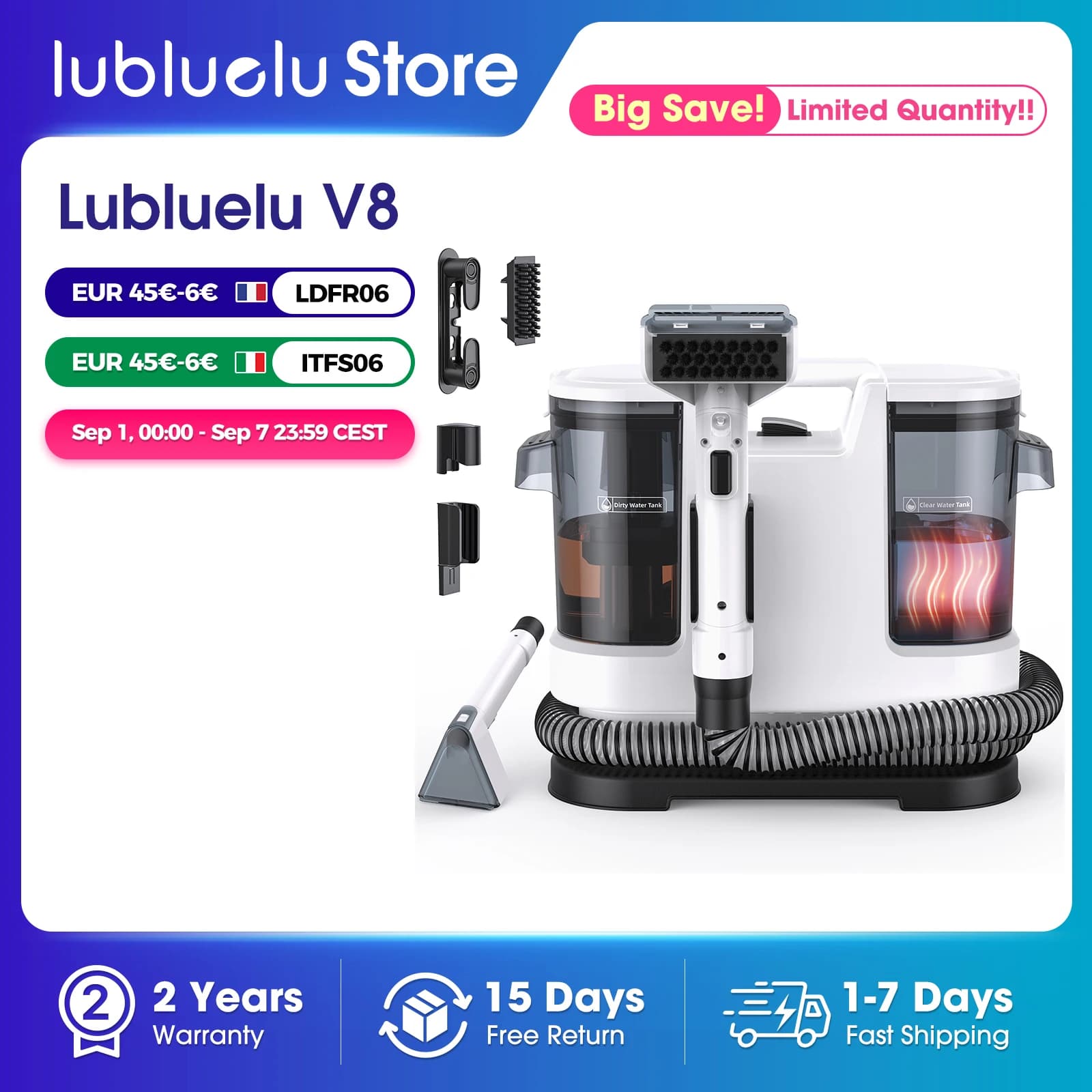 Lubluelu V8 – piorący odkurzacz do tapicerki z funkcją gorącej pary, 800 W