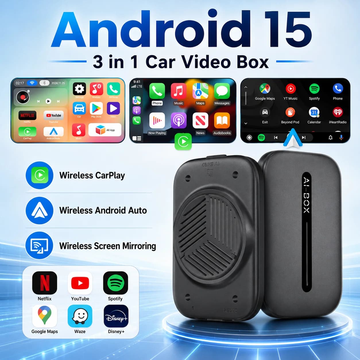 Adapter Android Auto i CarPlay AI Box – bezprzewodowy, z TV Box