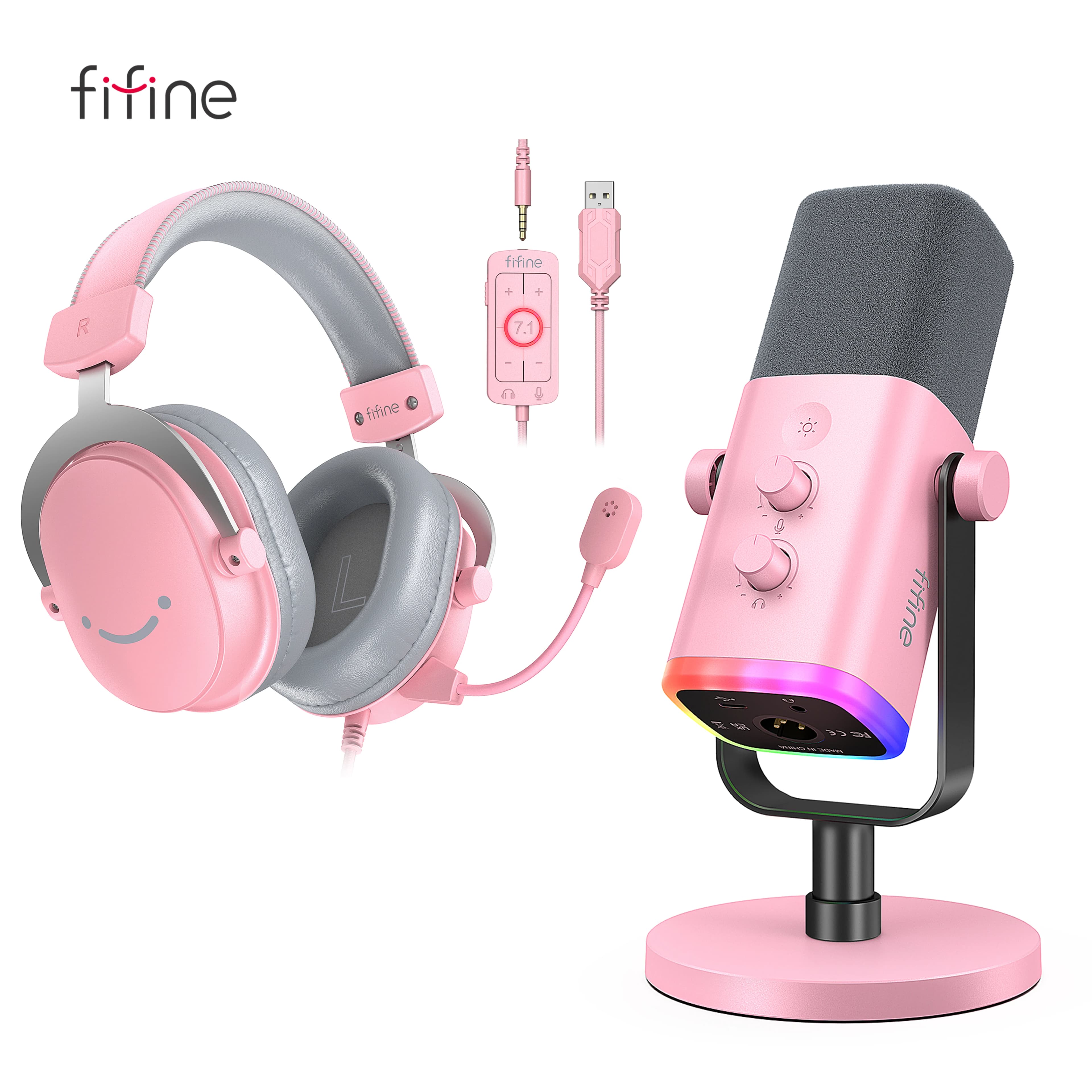 FIFINE — zestaw słuchawkowy z mikrofonem do gier, pokrętło RGB, monitor dźwięku