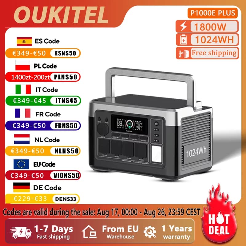 OUKITEL P1000 PLUS — przenośna stacja zasilania 1024Wh, 1800W