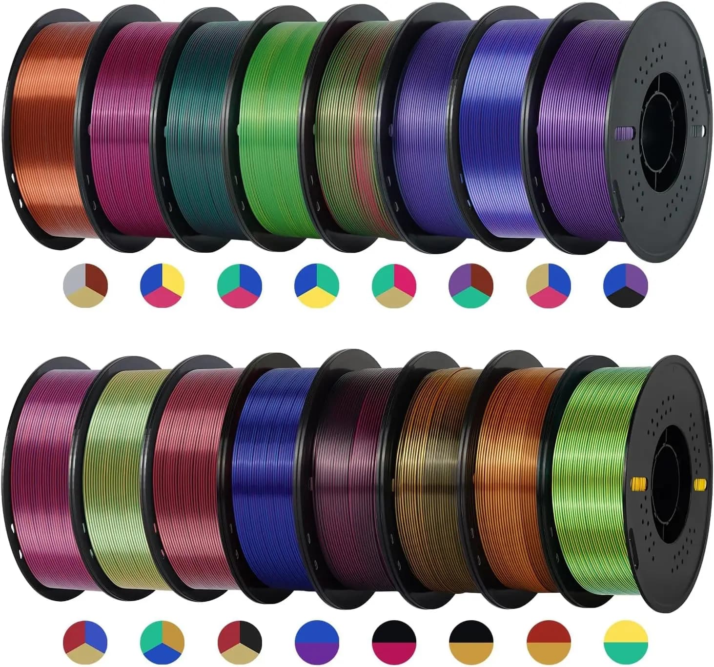 Zestaw filamentu PLA Silk o masie 16 kg, średnica 1,75 mm, dwu- i trójkolorowy filament do drukarek 3D, 16 szpul po 1 kg, wysoka precyzja +/-