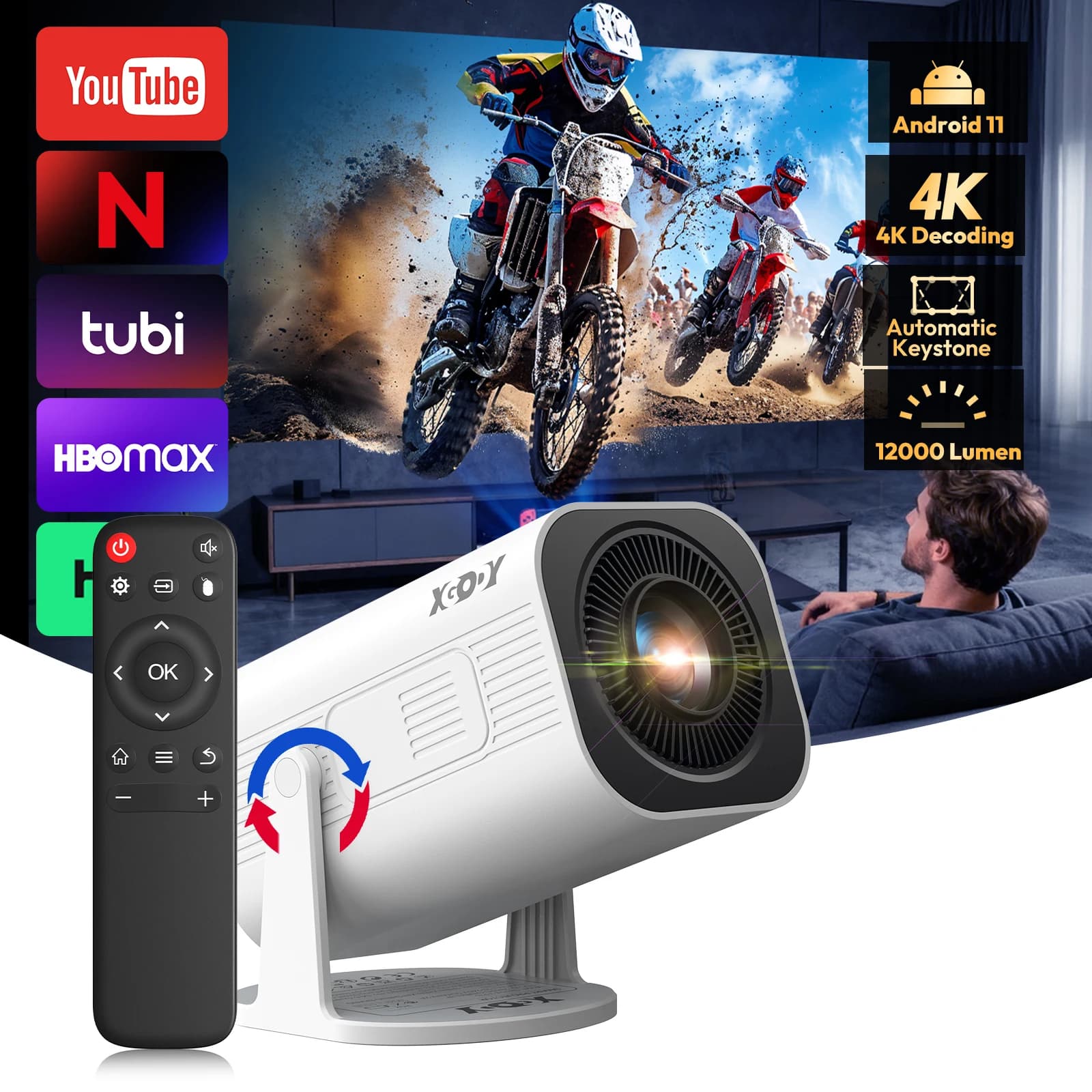 Projektor XGODY Gimbal 3 Pro – Android, Wi-Fi 6, 300 ANSI, dual-band, BT 5.4